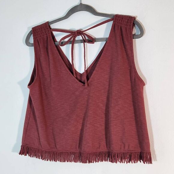 Very J Pink Ribbed Knit Crop Top Size Medium Dusty Pink Crop Top with Fringe - Picture 5 of 9